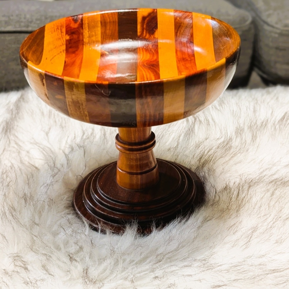 Wood Pedestal Bowl Segmented Hand-Turned Design Rustic 8" Diameter